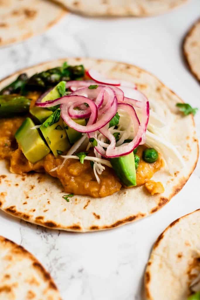 Vegan Tacos with Refried Cannellini Beans and Asparagus - Eat Love Eat