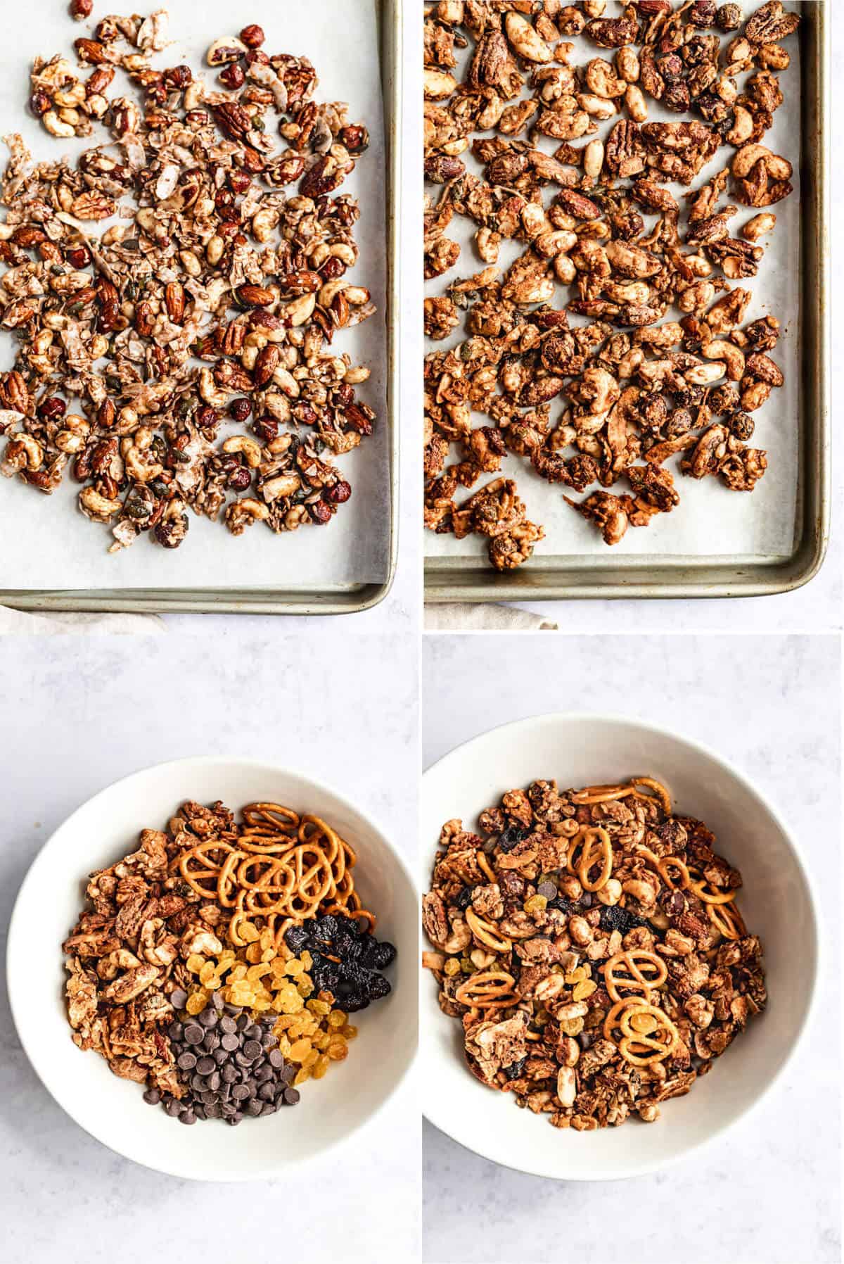 collage showing the process of baking and assembling the maple almond butter snack mix
